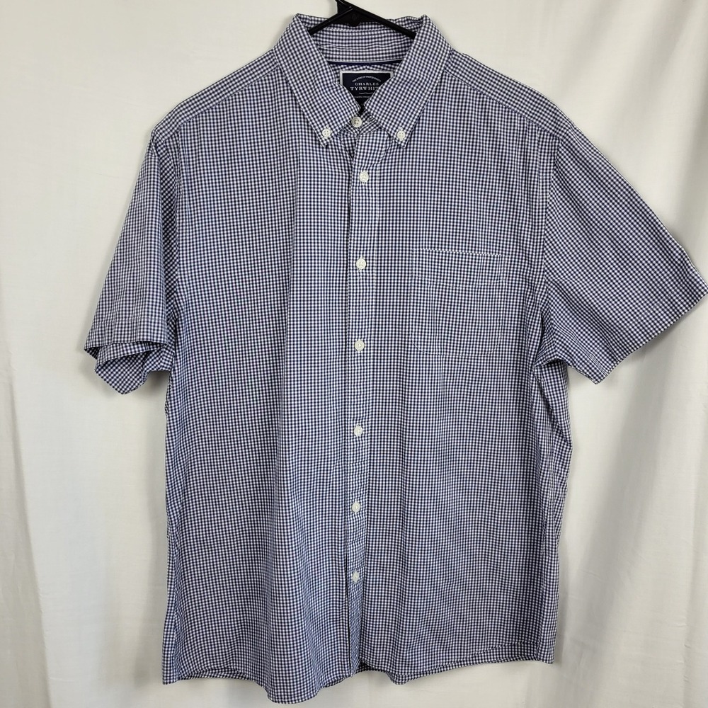Charles Tyrwhitt Shirt Mens Large Blue Check Button Up Slim Fit Non Iron Cotton